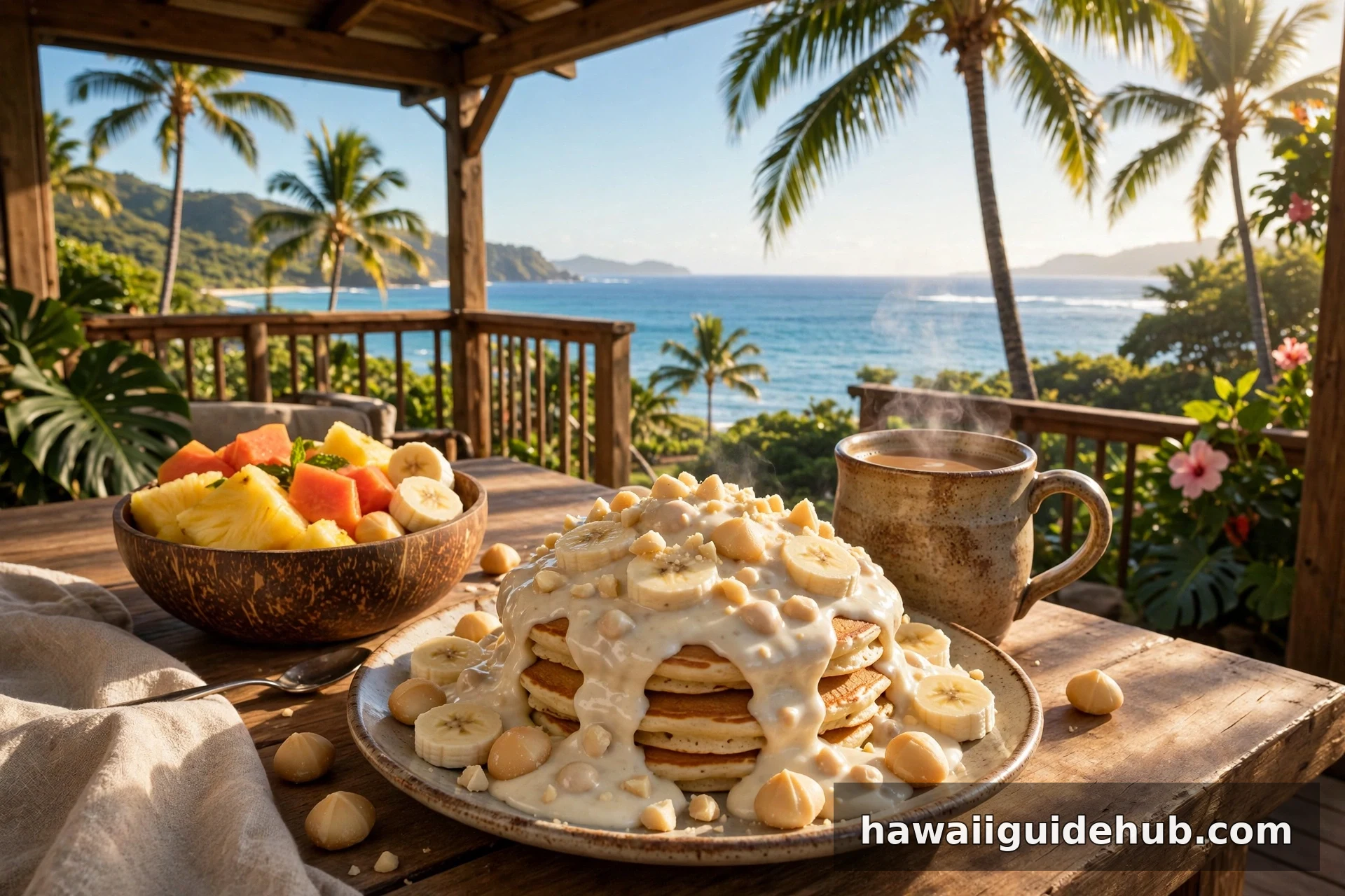 Banana macadamia nut pancakes with Kona coffee and tropical fruit served on a Hawaiian lanai overlooking the ocean