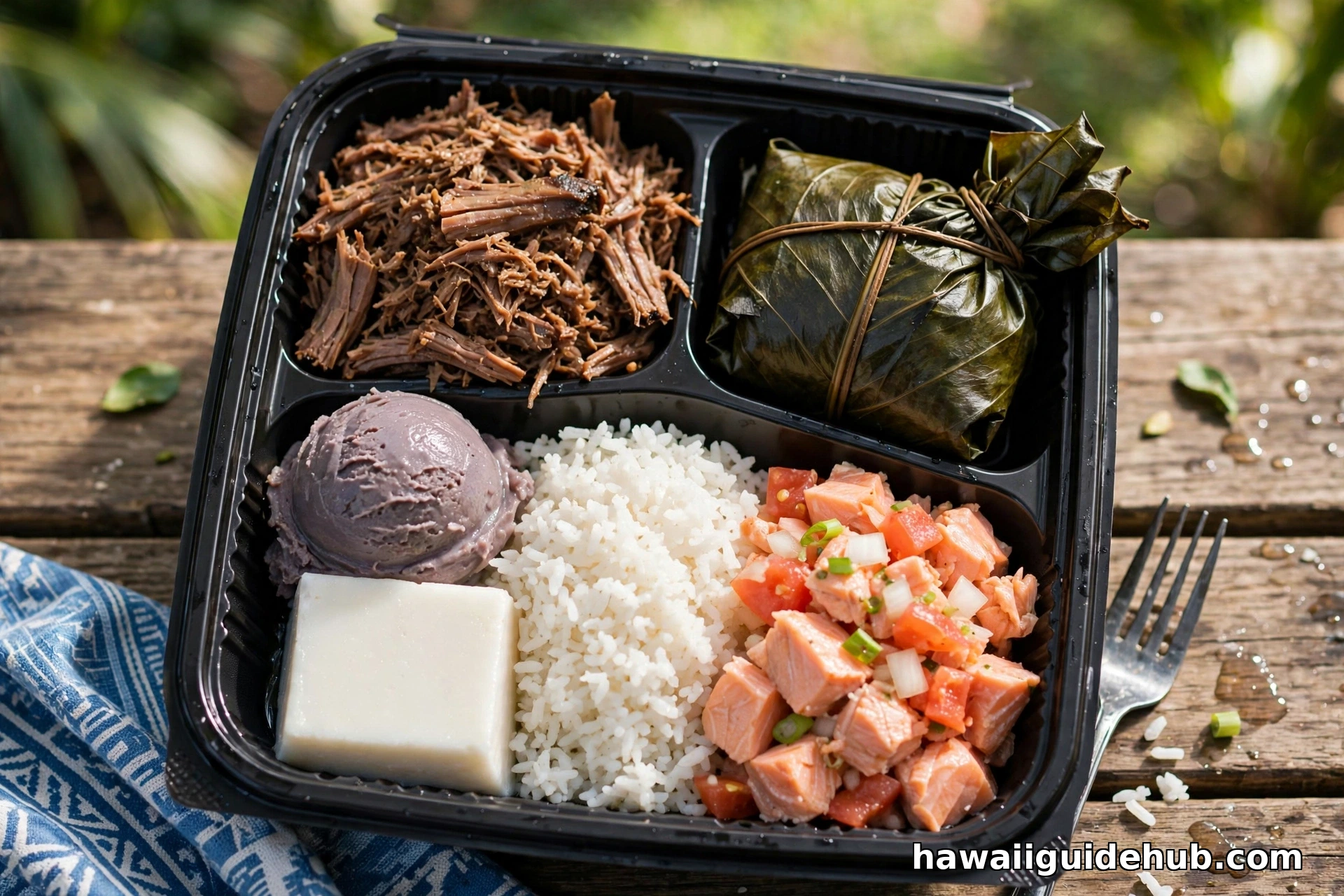 Hawaiian combo plate with kalua pig, laulau, poi, rice, lomi salmon, and haupia