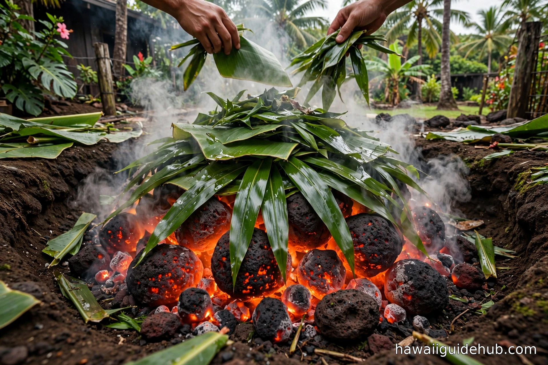 Hands laying green ti leaves over glowing volcanic rocks in a traditional Hawaiian imu underground oven pit