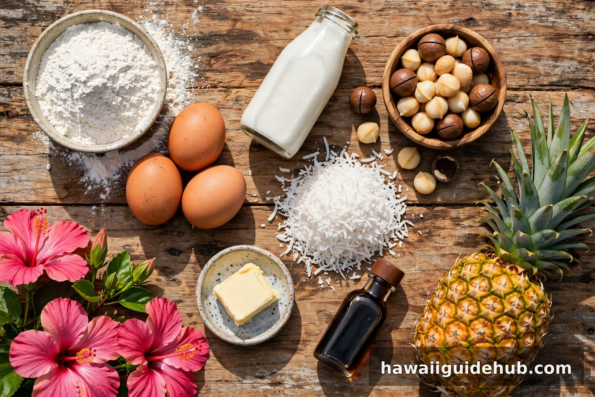 Ingredients for Hawaiian pancakes on a wooden table: flour, eggs, coconut milk, macadamia nuts, shredded coconut, butter, vanilla and pineapple