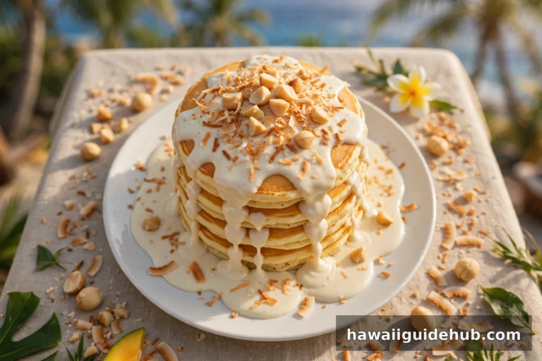 Tall stack of Hawaiian pancakes topped with creamy macadamia nut sauce, chopped macadamia nuts and toasted coconut