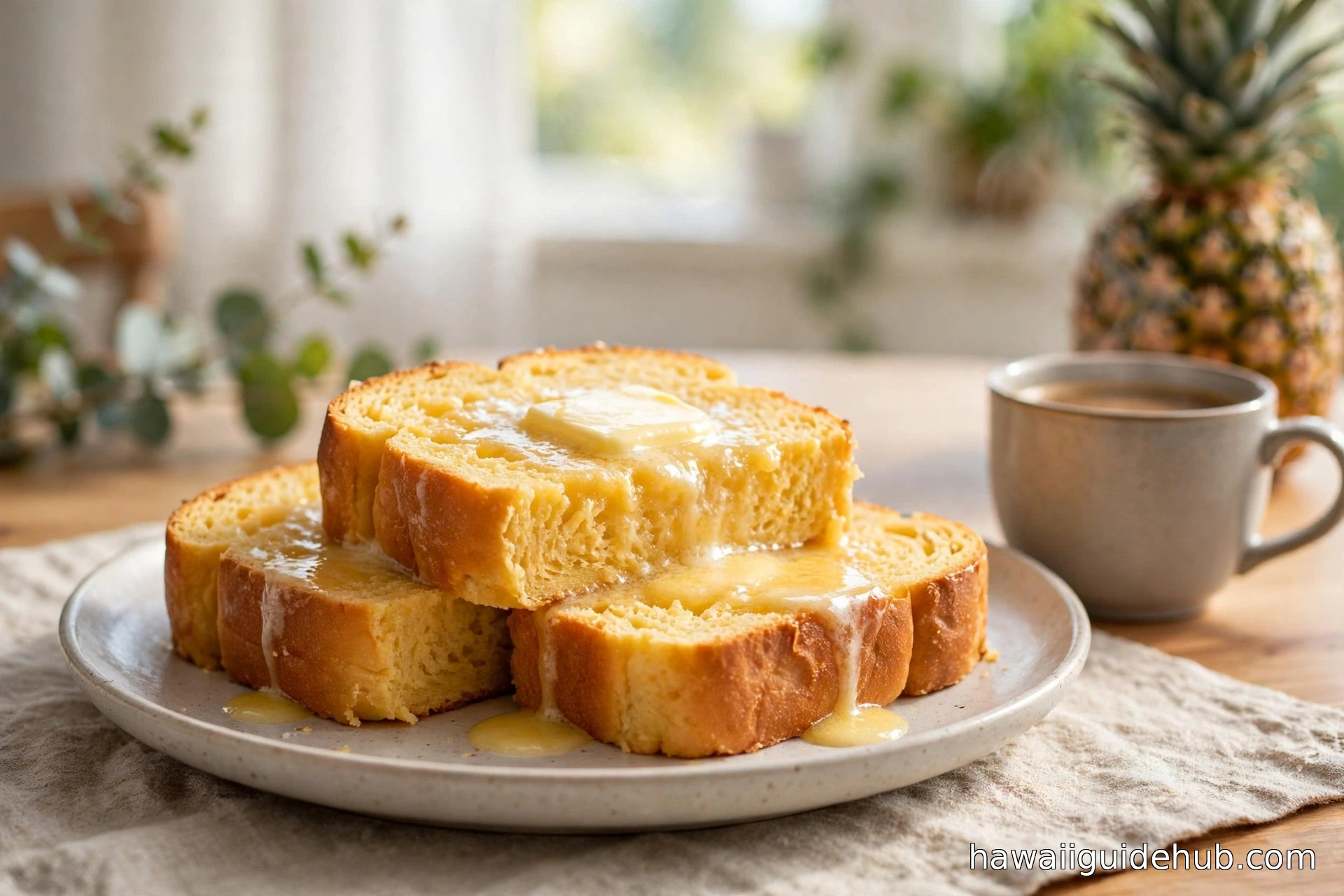 Thick slices of Hawaiian sweet bread with melting butter on a plate beside coffee, pineapple in the background