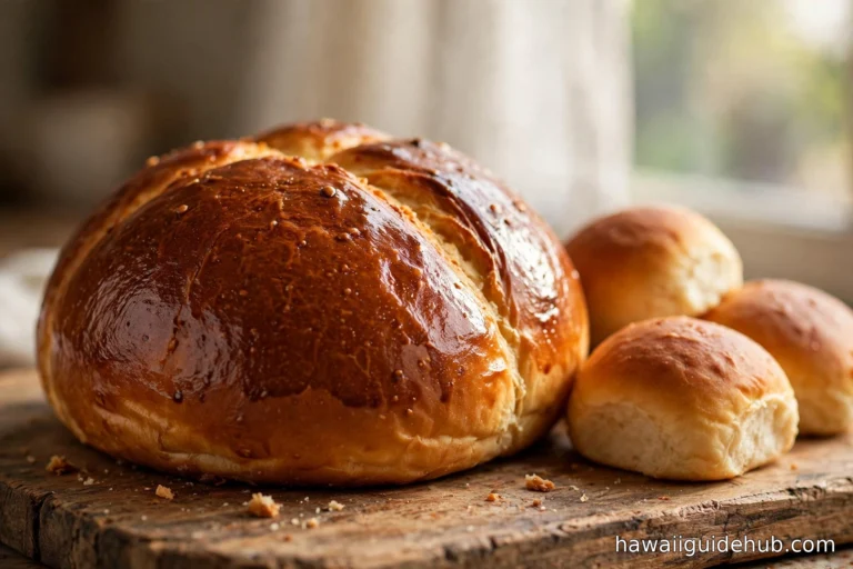 Golden-brown round Hawaiian sweet bread loaf with glossy mahogany crust on a rustic wooden board, with soft dinner rolls beside it