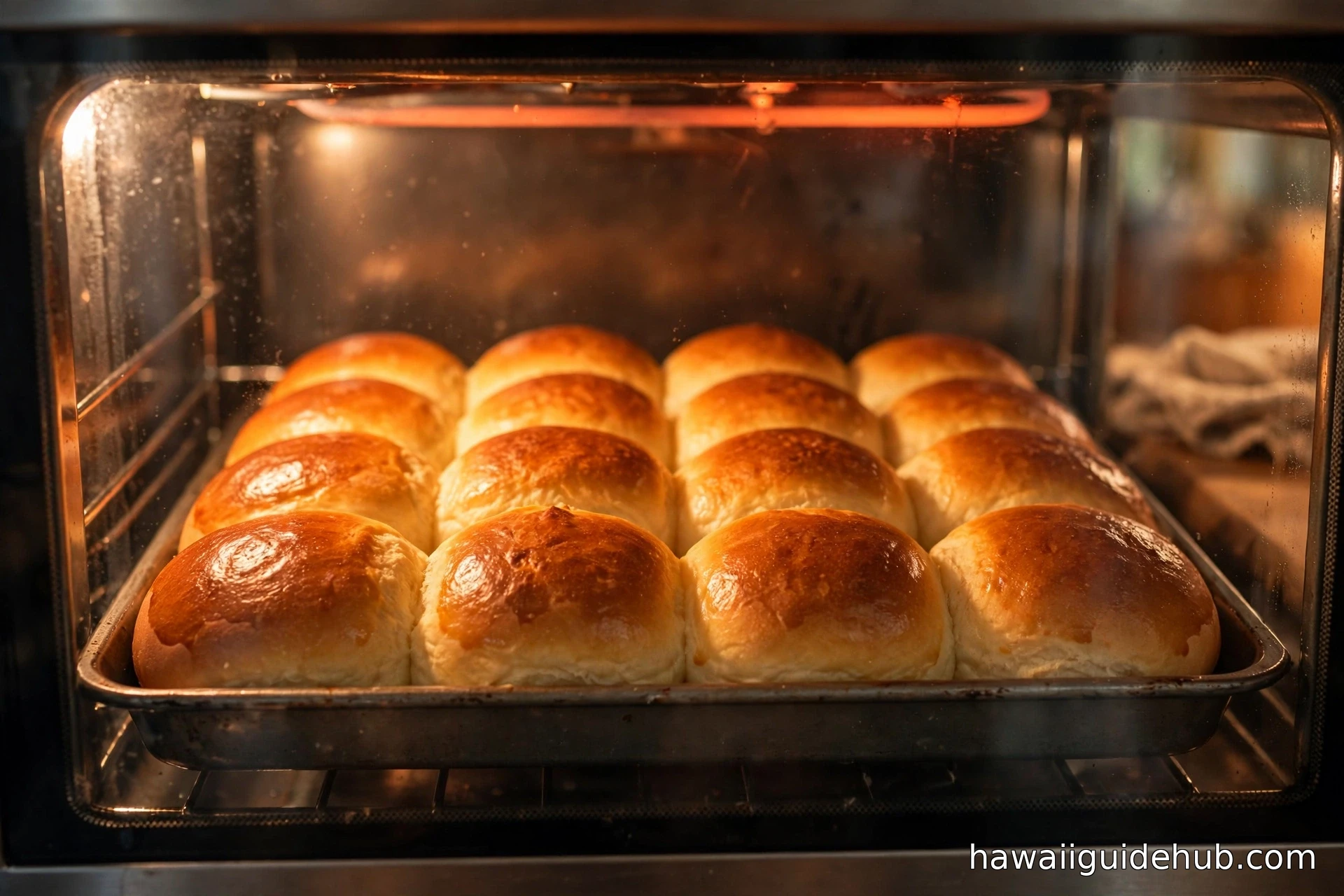 Golden Hawaiian sweet bread rolls baking in a home oven, glowing amber through the oven door