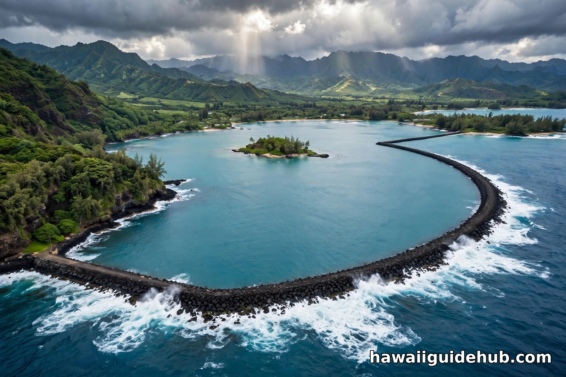 Aerial view of the long rocky Hilo breakwater curving across Hilo Bay, with white surf on the ocean side and calm turquoise water inside the harbor