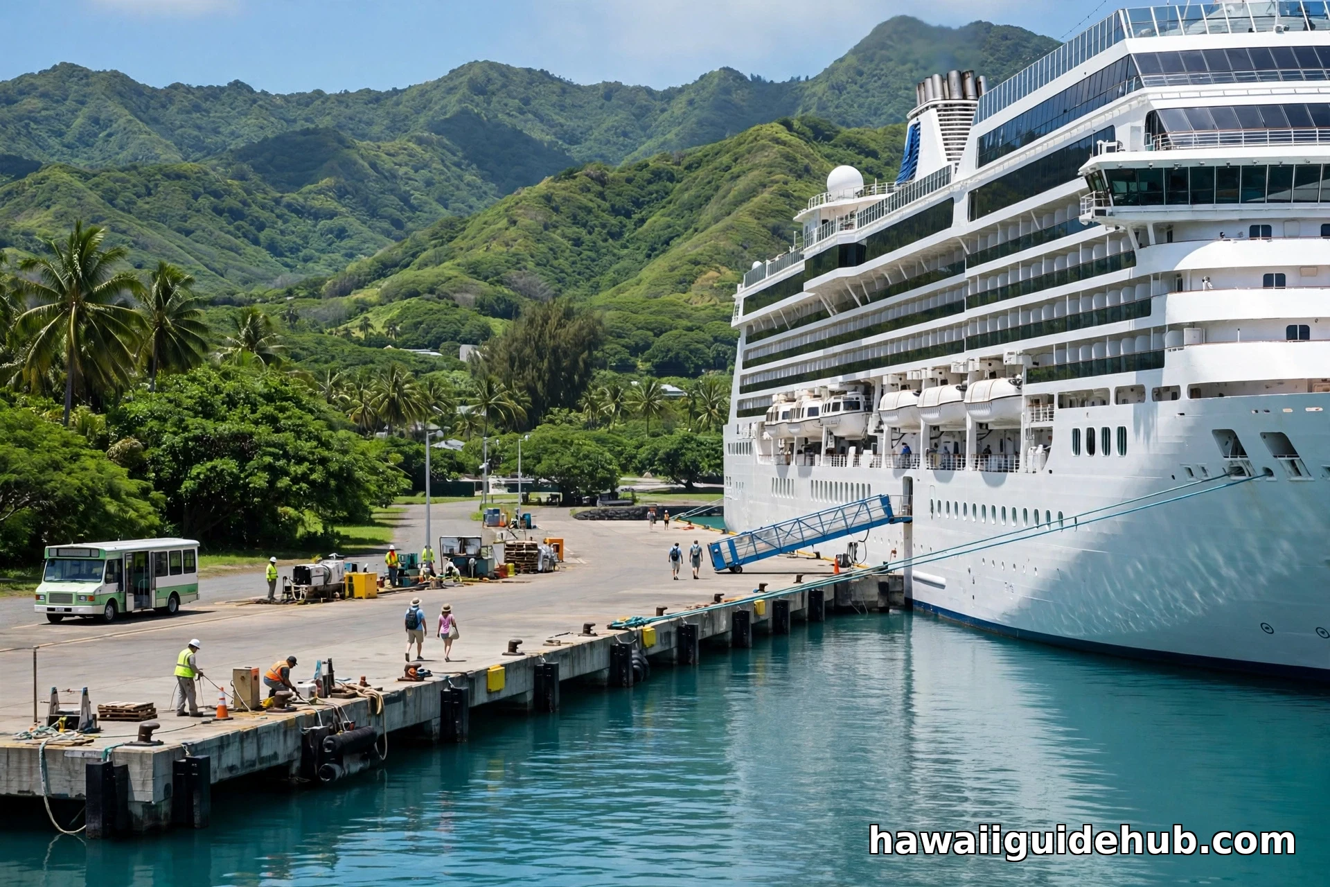 Large white cruise ship docked at a pier in Hilo Harbor with passengers walking ashore, tour buses on the pier, and green hills behind the port