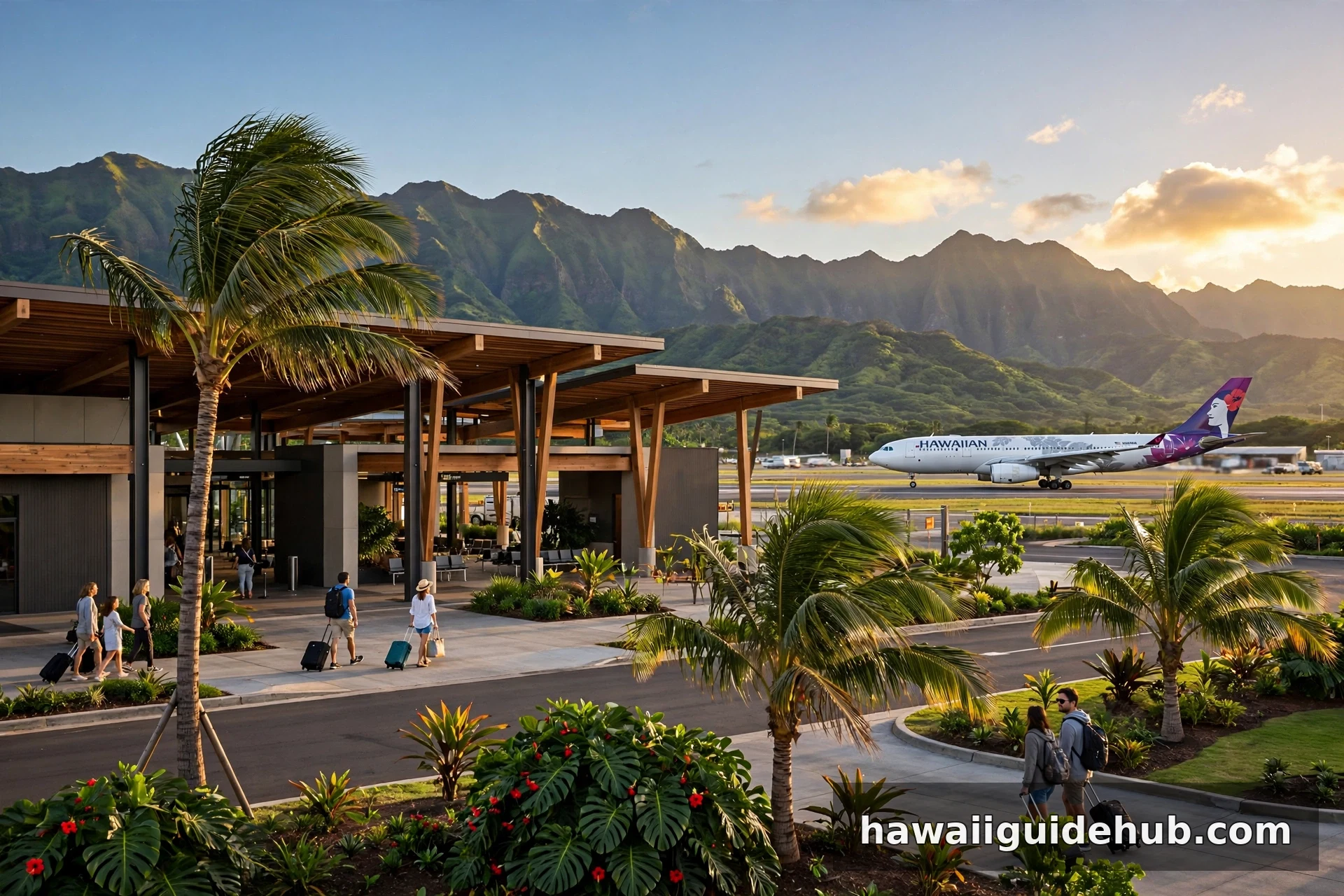 Daniel K. Inouye International Airport terminal in Honolulu, Hawaii at golden hour with a Hawaiian Airlines jet on the runway, palm trees and green mountains behind