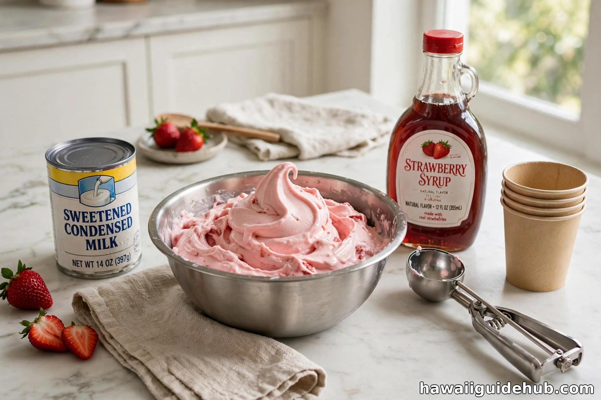 Bowl of homemade pink guri guri mixture with condensed milk, strawberry syrup and paper cups
