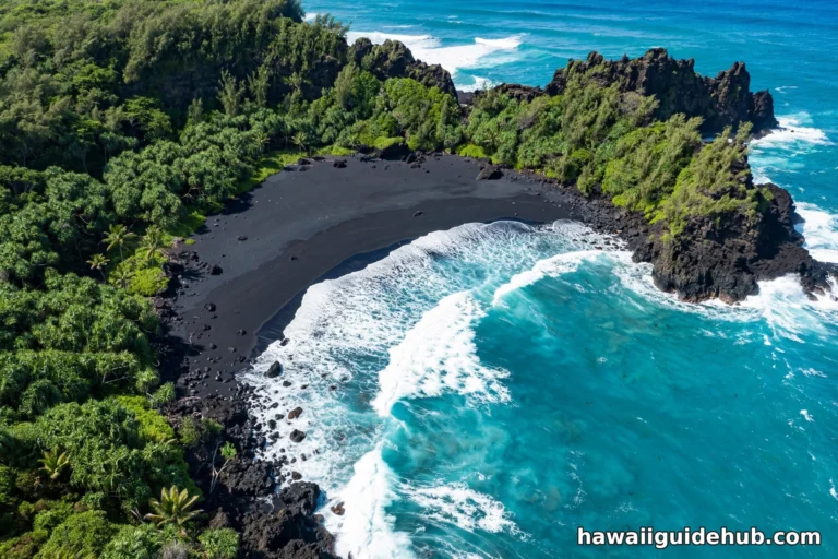 Aerial view of Honokalani black sand beach at Waianapanapa State Park, Maui