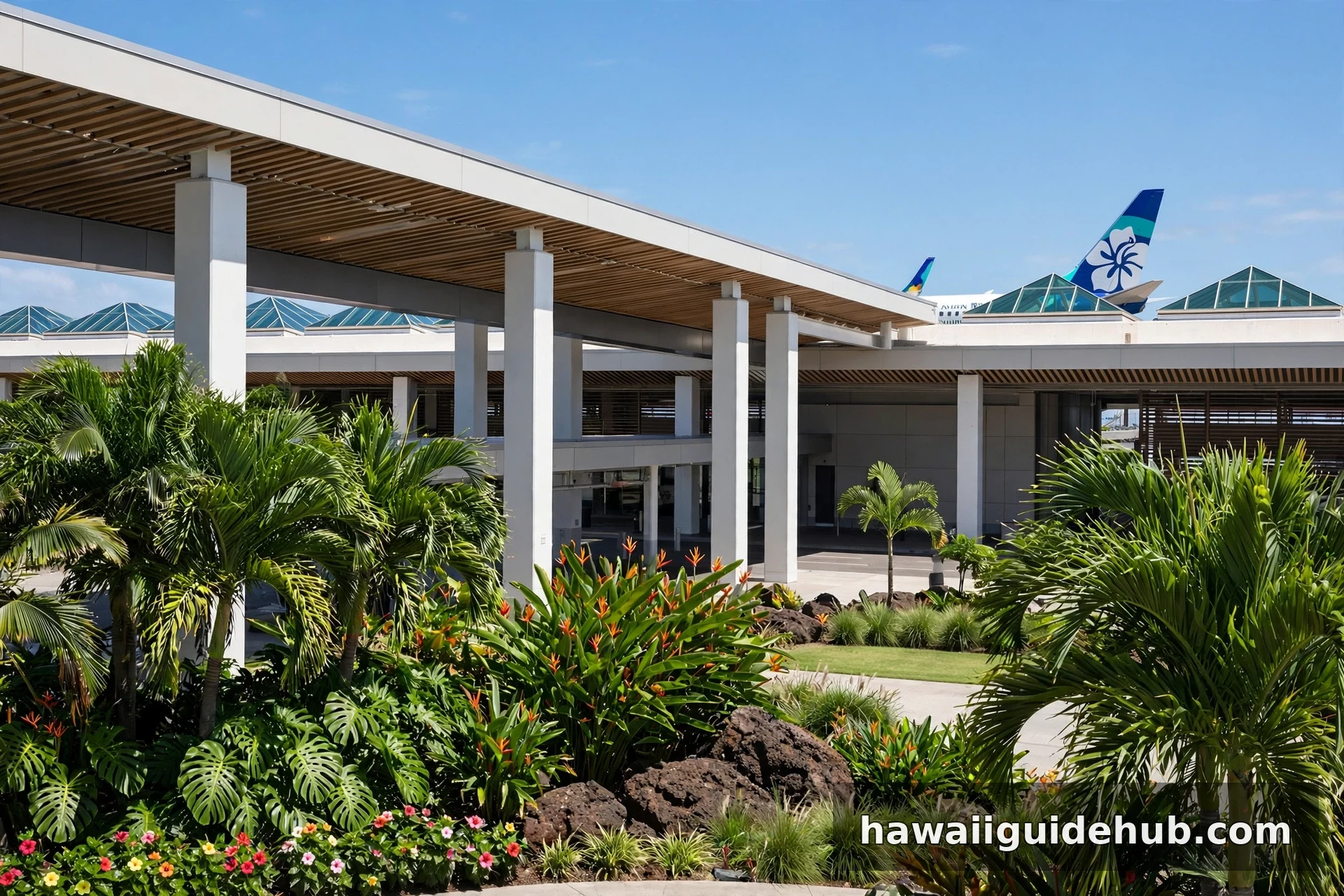 Open-air tropical terminal exterior at Daniel K. Inouye International Airport in Honolulu, Hawaii with palm trees and lush landscaping