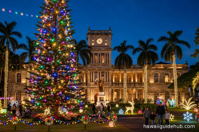 A towering Norfolk pine Christmas tree covered in colorful lights at Honolulu City Lights in front of a historic Honolulu building at night