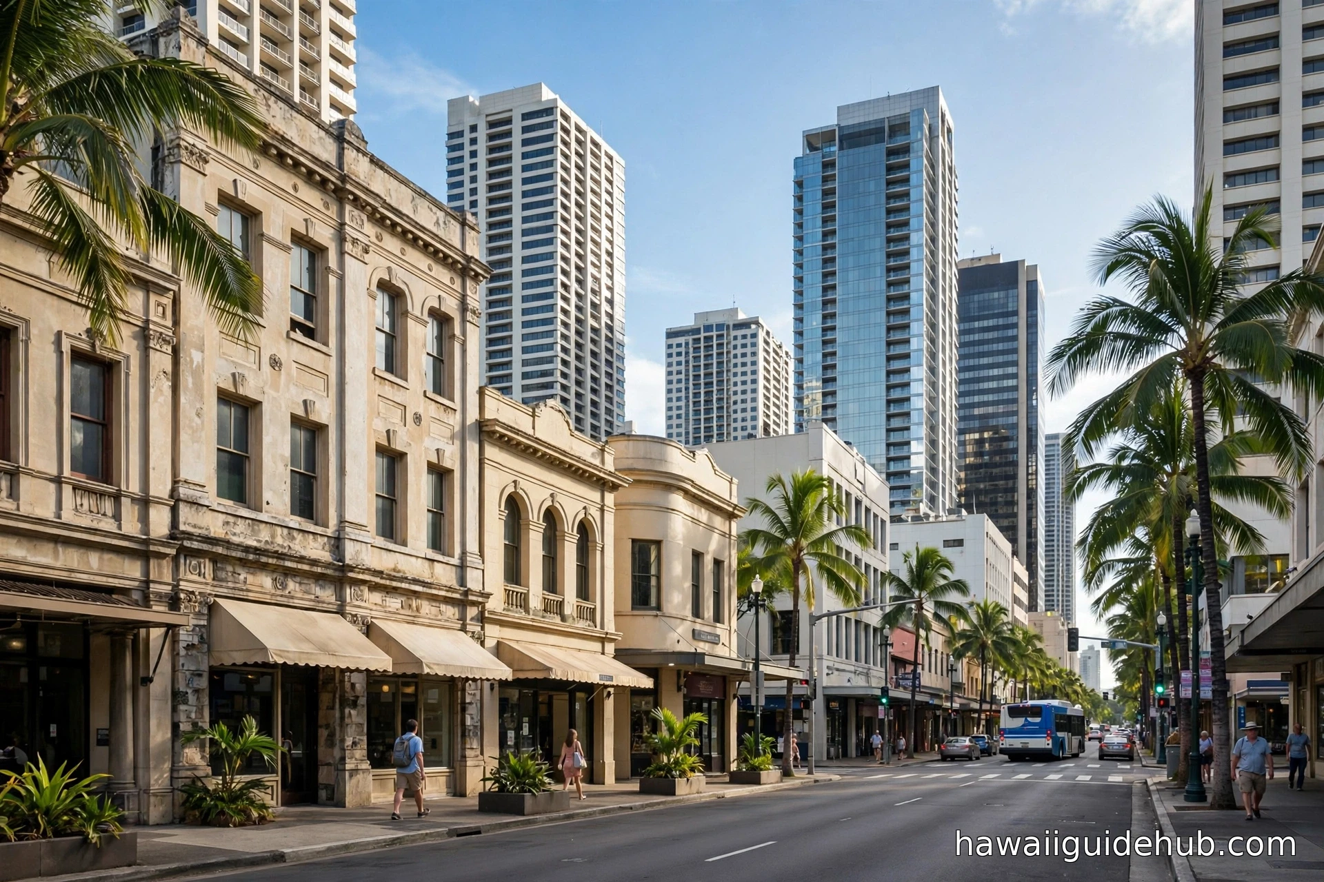Downtown Honolulu business district with office towers, palm trees, and morning traffic