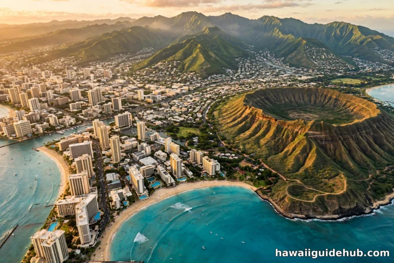 Aerial view of Honolulu with Diamond Head crater, Waikiki Beach, and the Koolau mountains at golden hour