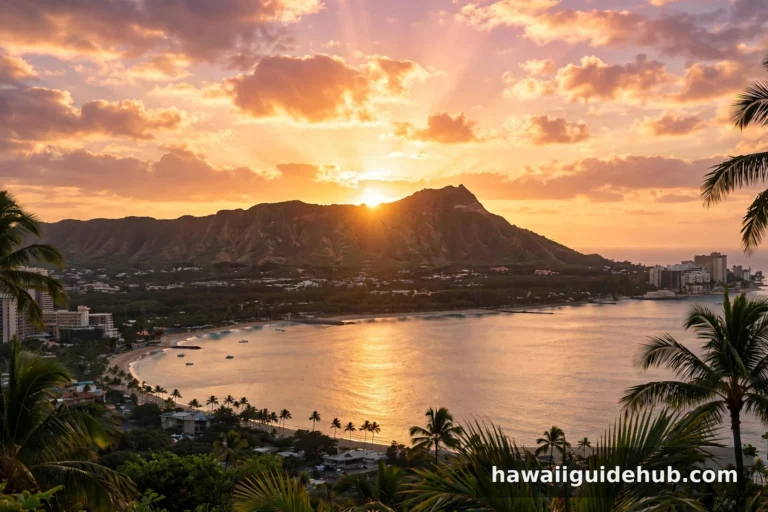 Sunrise over Diamond Head crater in Honolulu, Hawaii, with the sun rising over the mountain and palm trees framing the view