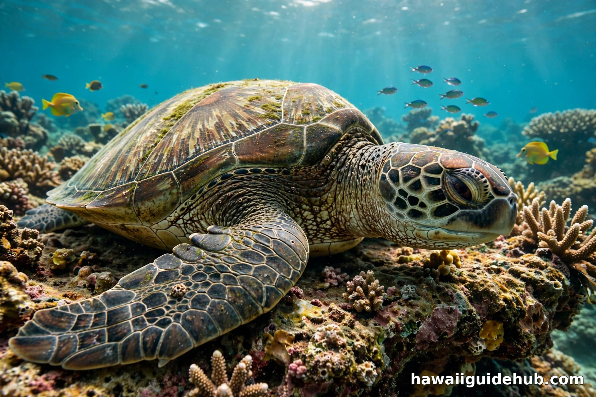 Close-up of a Hawaiian green sea turtle resting on the coral reef at Turtle Town, Maui
