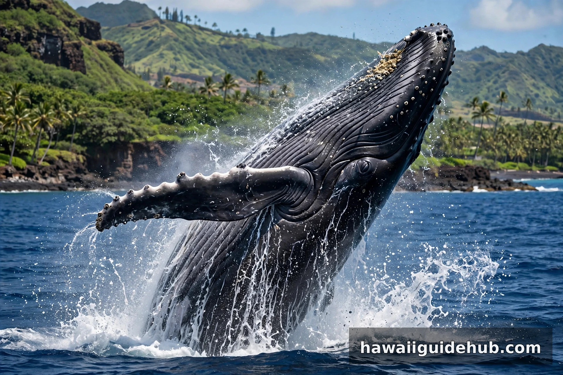 Humpback whale breaching out of deep blue ocean water near Hawaii with a green volcanic island coastline in the background