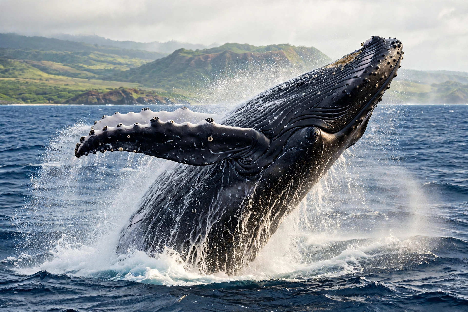 Humpback whale breaching out of deep blue ocean water off Maui, Hawaii, with green island coastline in the background