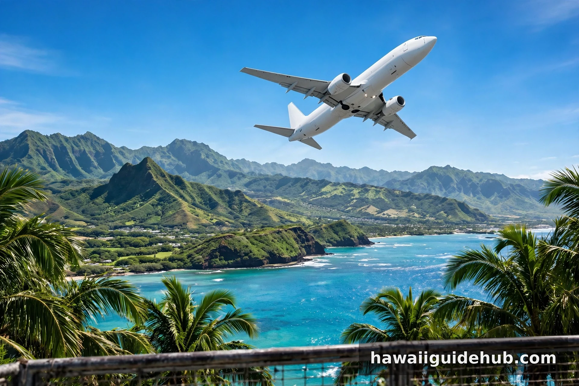Passenger airplane climbing into a blue sky above green mountains and turquoise ocean in Hawaii