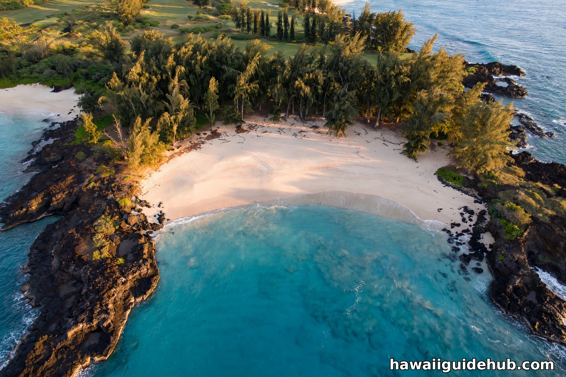Aerial view of Ironwood Beach in Kapalua, Maui with ironwood trees, white sand and turquoise water