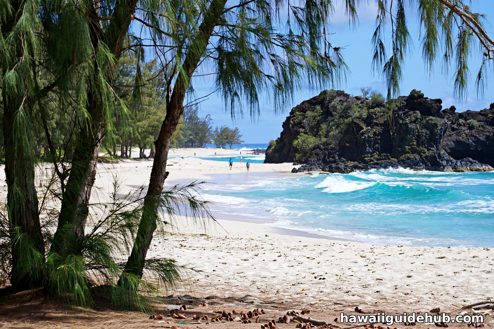 Ironwood trees framing Ironwood Beach in Kapalua, Maui, with lava rock cliffs and turquoise water