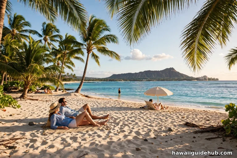 Couple relaxing on Waikiki Beach in June with Diamond Head on the horizon