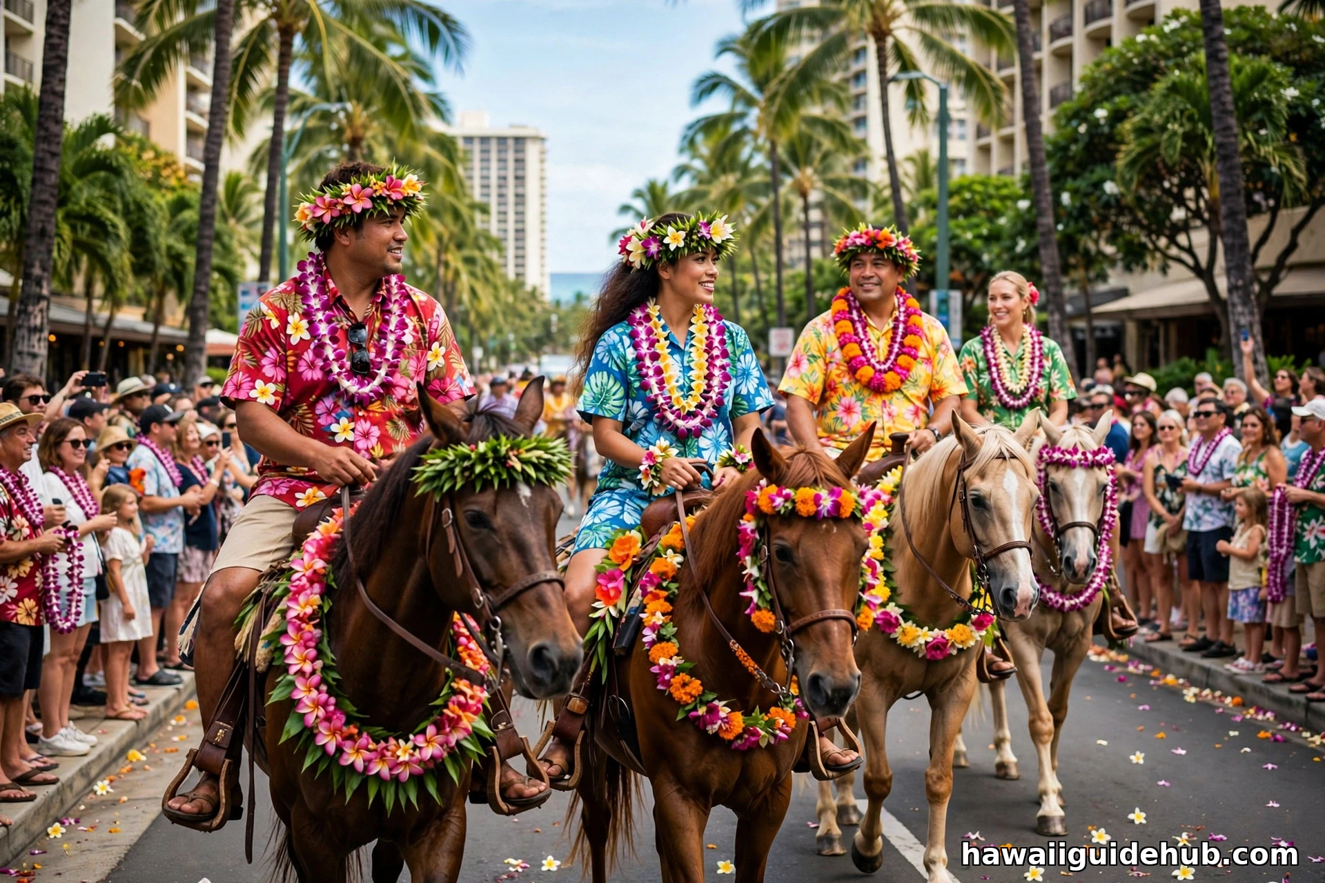 Paʻu riders in the King Kamehameha Day Floral Parade in Honolulu in June