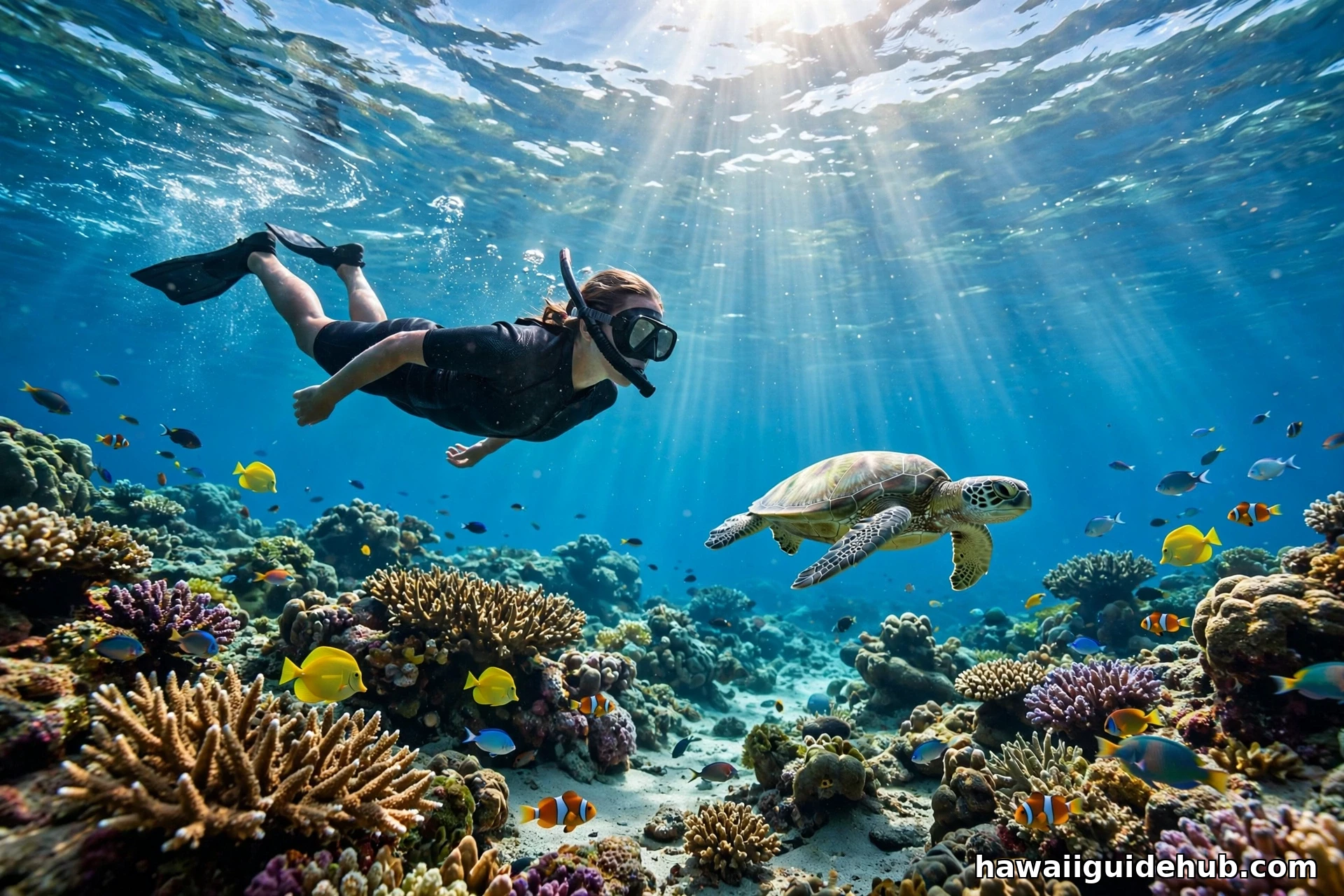 Snorkeling with a green sea turtle over a Hawaiian coral reef in June