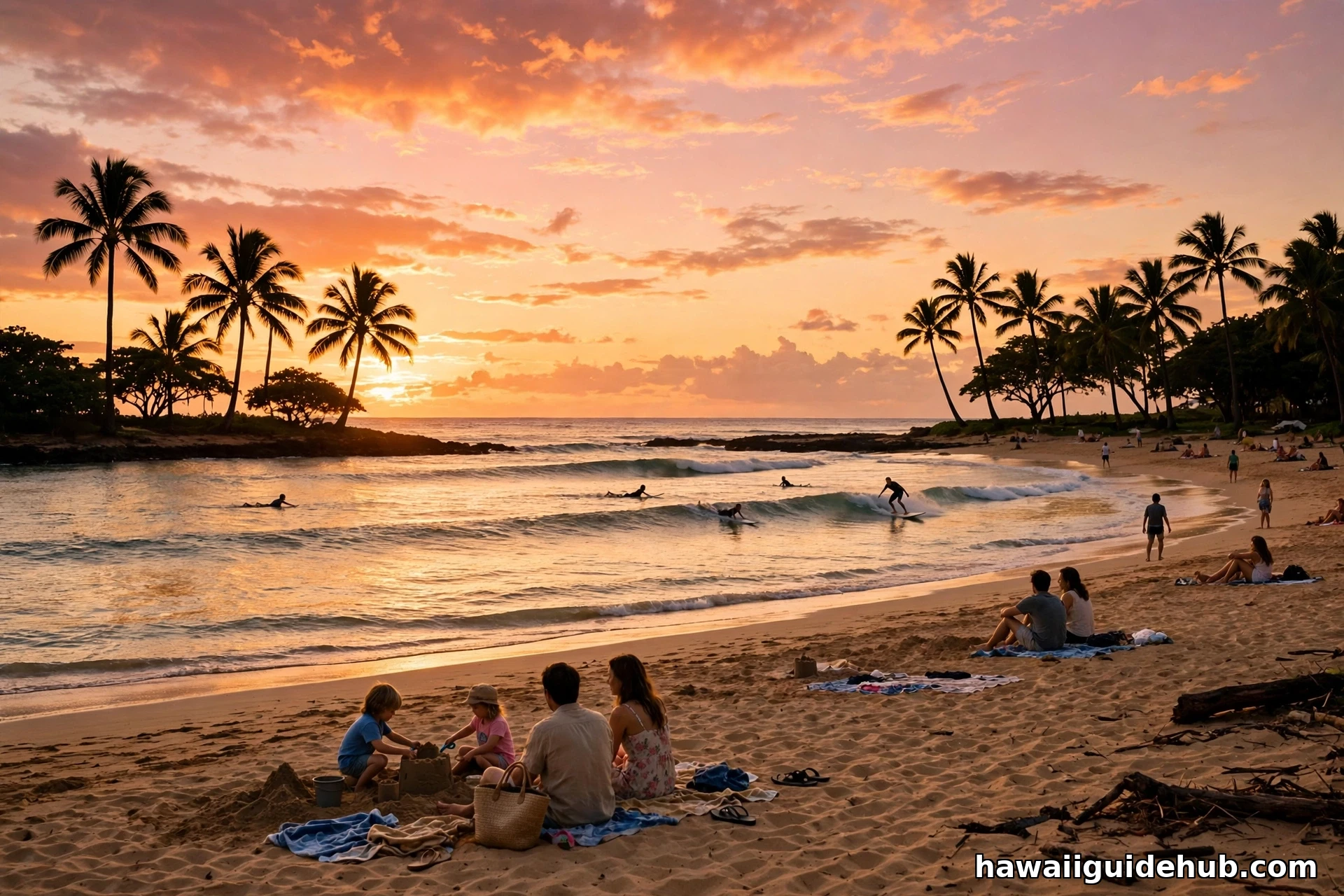 Long summer evening at a Hawaiian beach in June with surfers and families