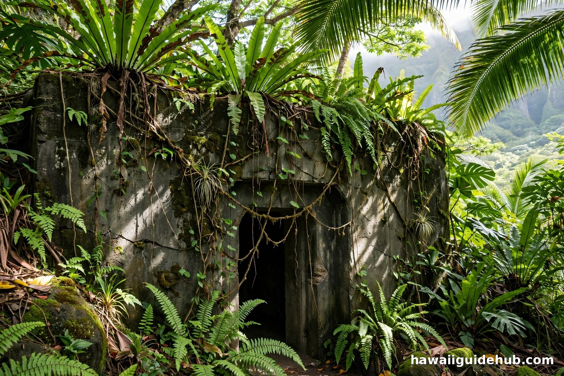 Weathered concrete bunker doorway covered in jungle vines and ferns at Kualoa Ranch, a Jurassic World movie set
