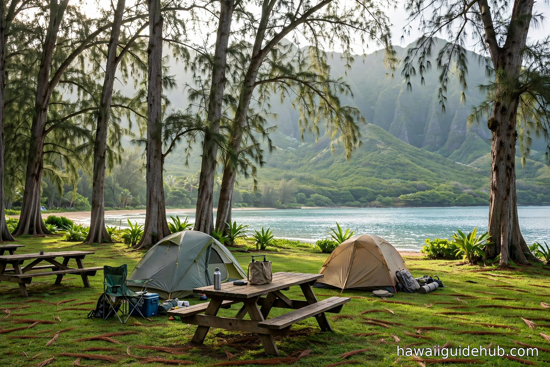 Beachfront campsite at Kahana Bay with tents under ironwood trees and the calm bay beyond