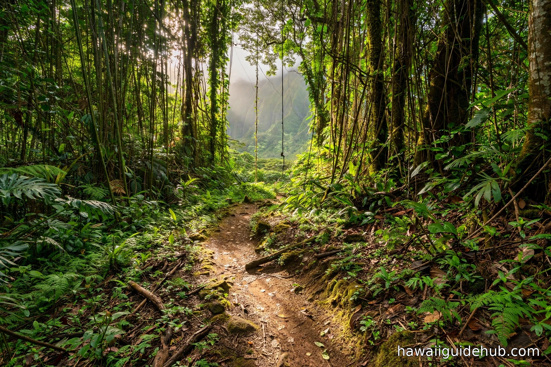 Lush rainforest hiking trail in Kahana Valley with sunlight filtering through dense tropical canopy