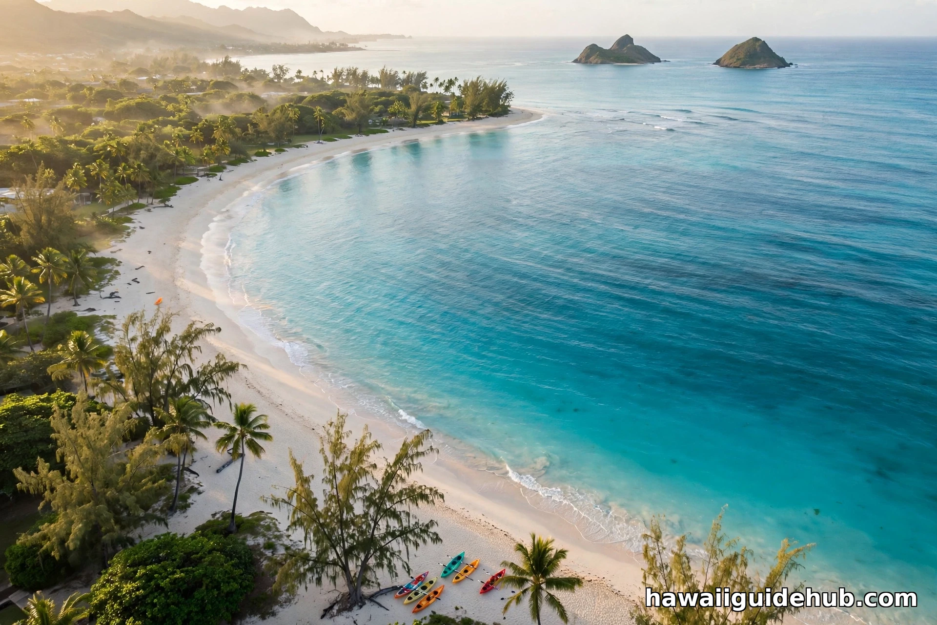 Aerial view of Kailua Beach on Oahu at golden morning light with white sand, turquoise water and the Mokulua Islands offshore