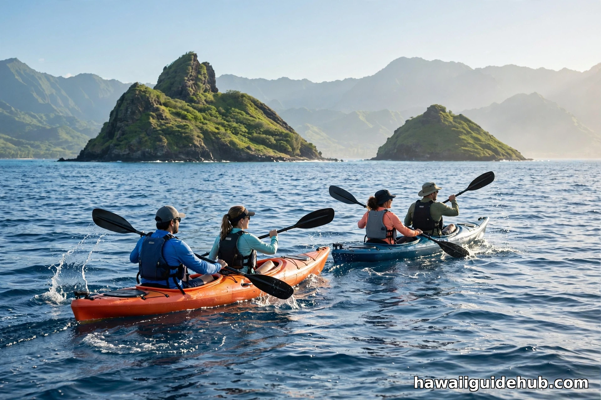 Kayakers paddling toward the Mokulua Islands off Kailua Beach Oahu