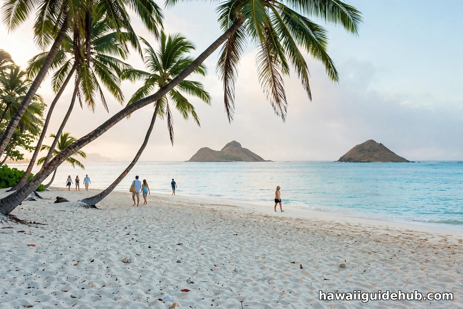 Lanikai Beach shoreline with palm trees and the Mokulua Islands offshore