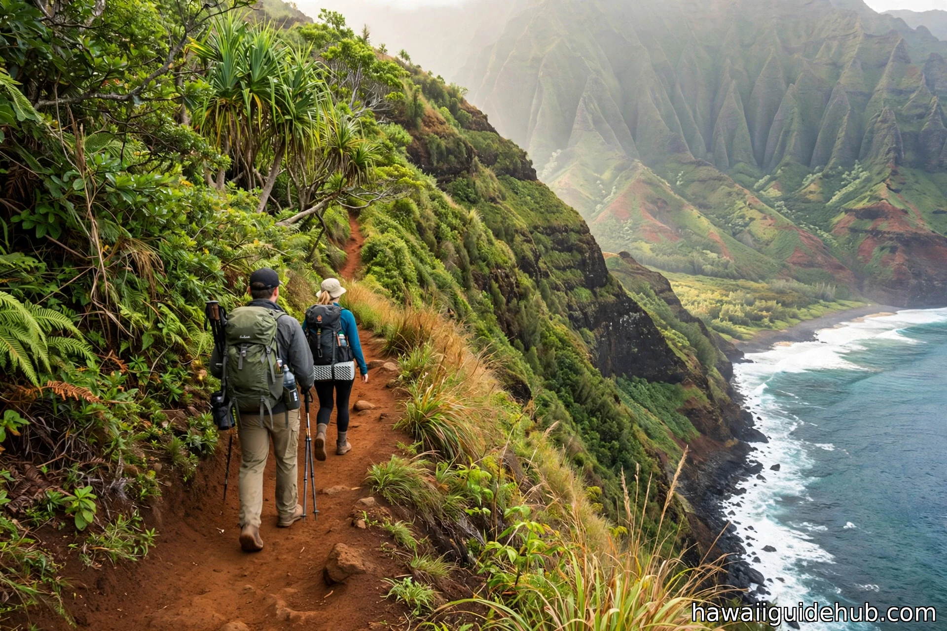 Two hikers with backpacks walking the Kalalau Trail along steep green sea cliffs above the ocean on Kauai's Na Pali Coast