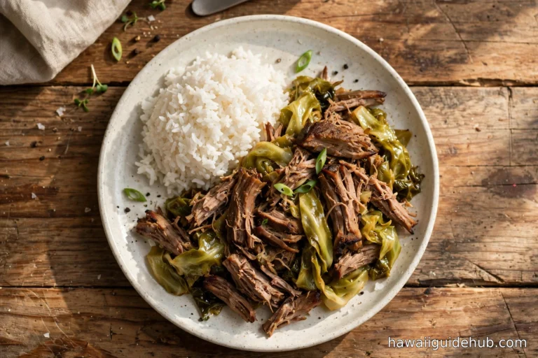 Overhead view of kalua pork and cabbage served with white rice on a ceramic plate