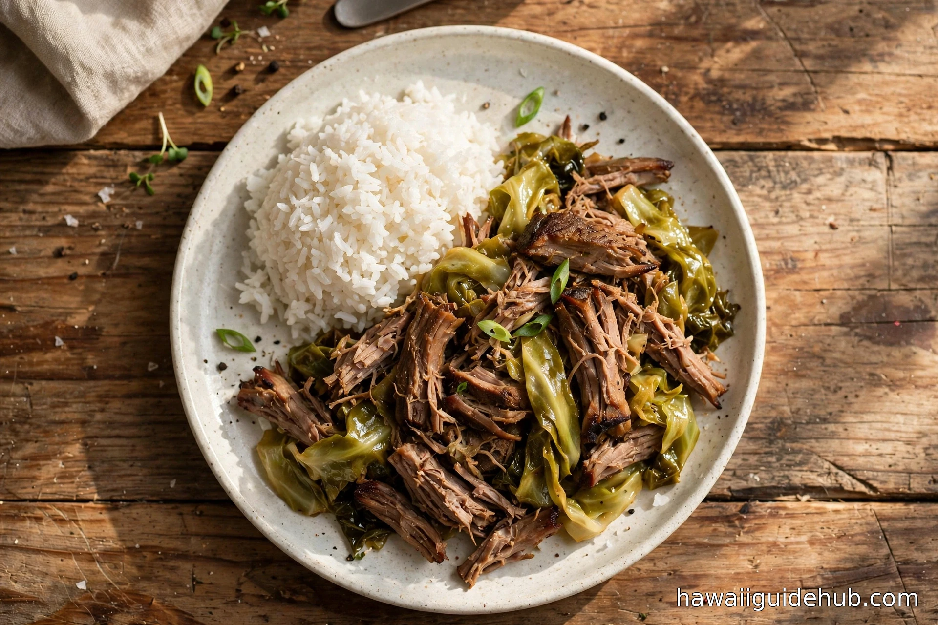 Overhead view of kalua pork and cabbage served with white rice on a ceramic plate