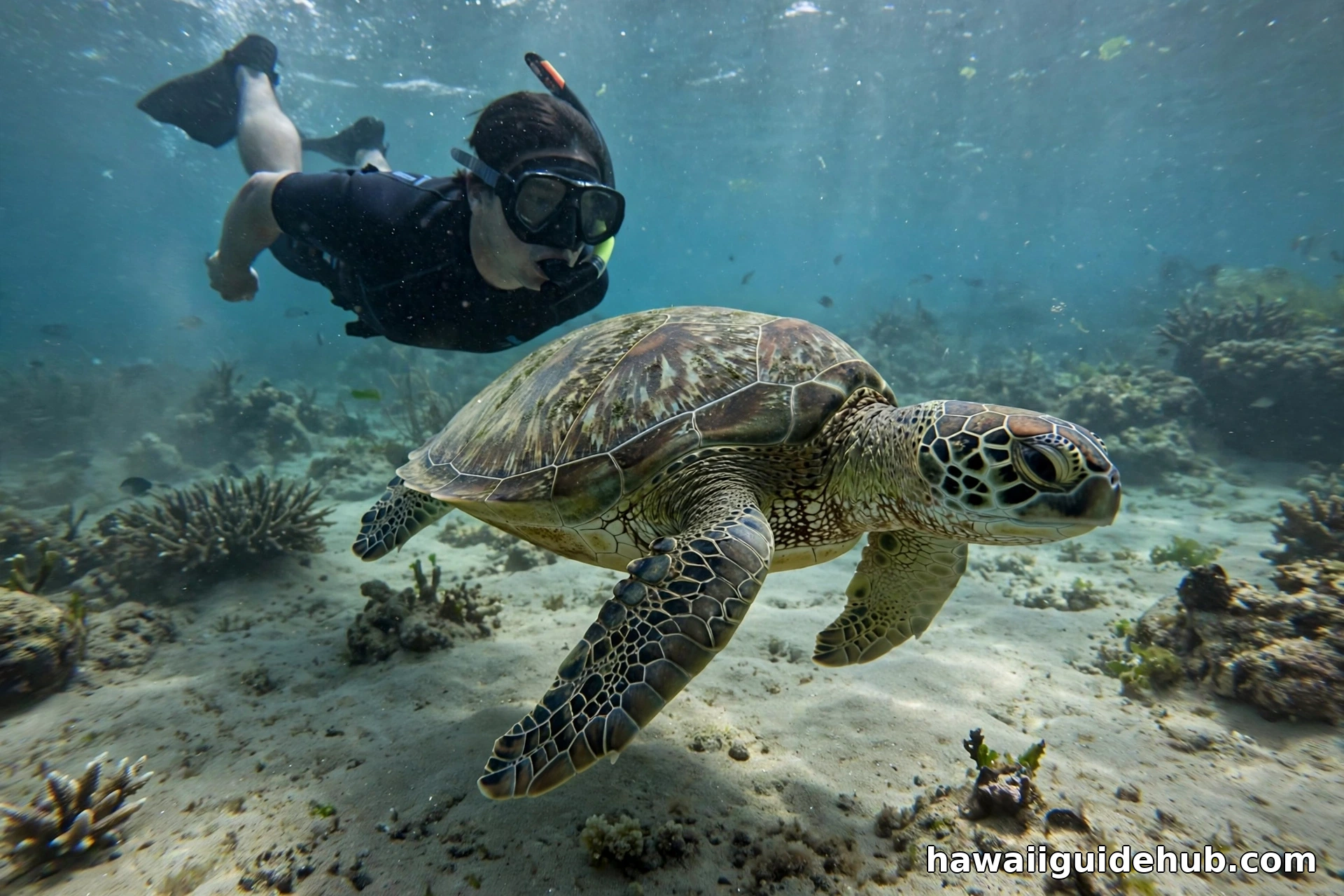 Snorkeler with a green sea turtle at Kamaole Beach Park, Maui