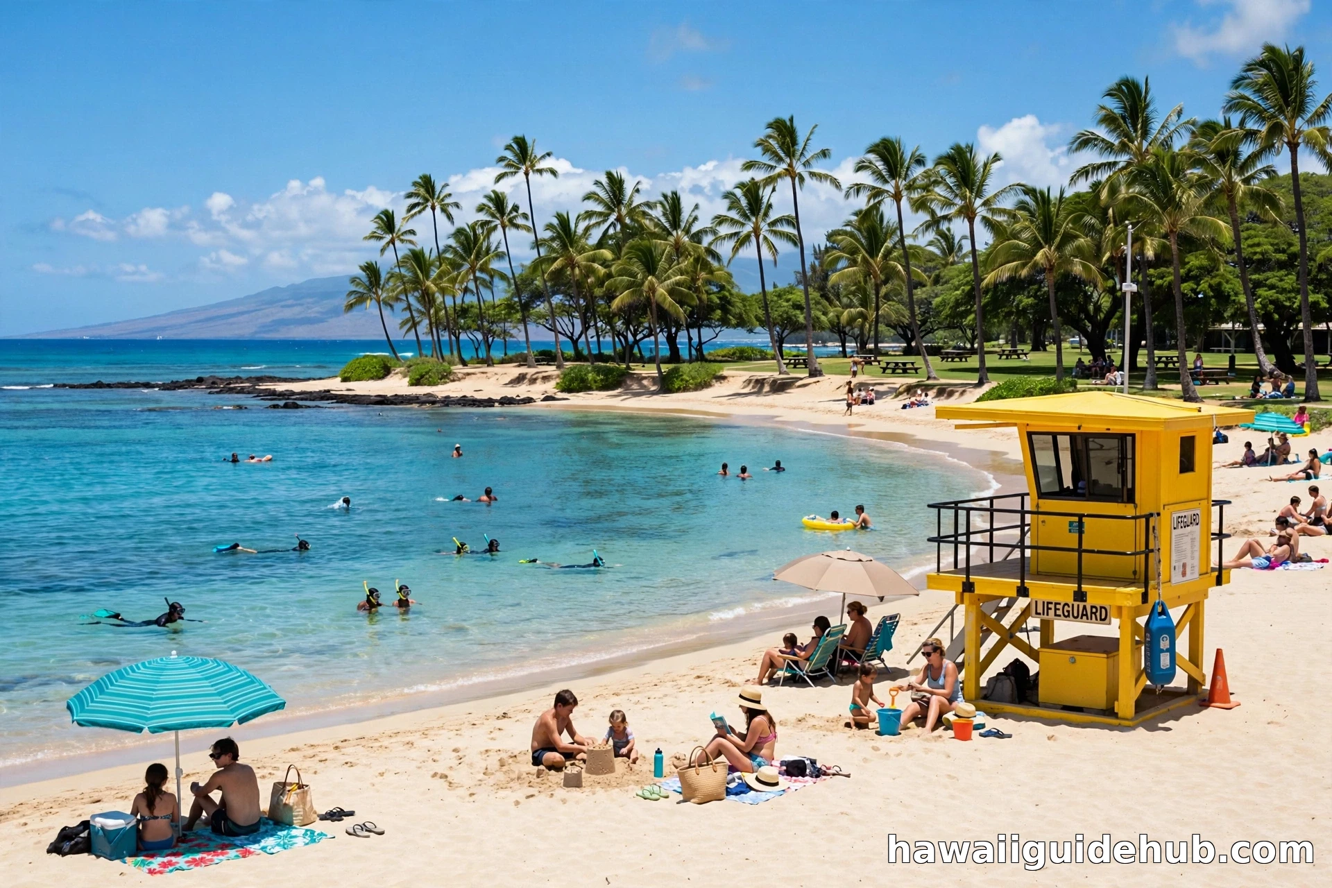 Swimmers and snorkelers in clear turquoise water at Kamaole Beach Park I in Kihei, Maui, with a yellow lifeguard tower on the sand