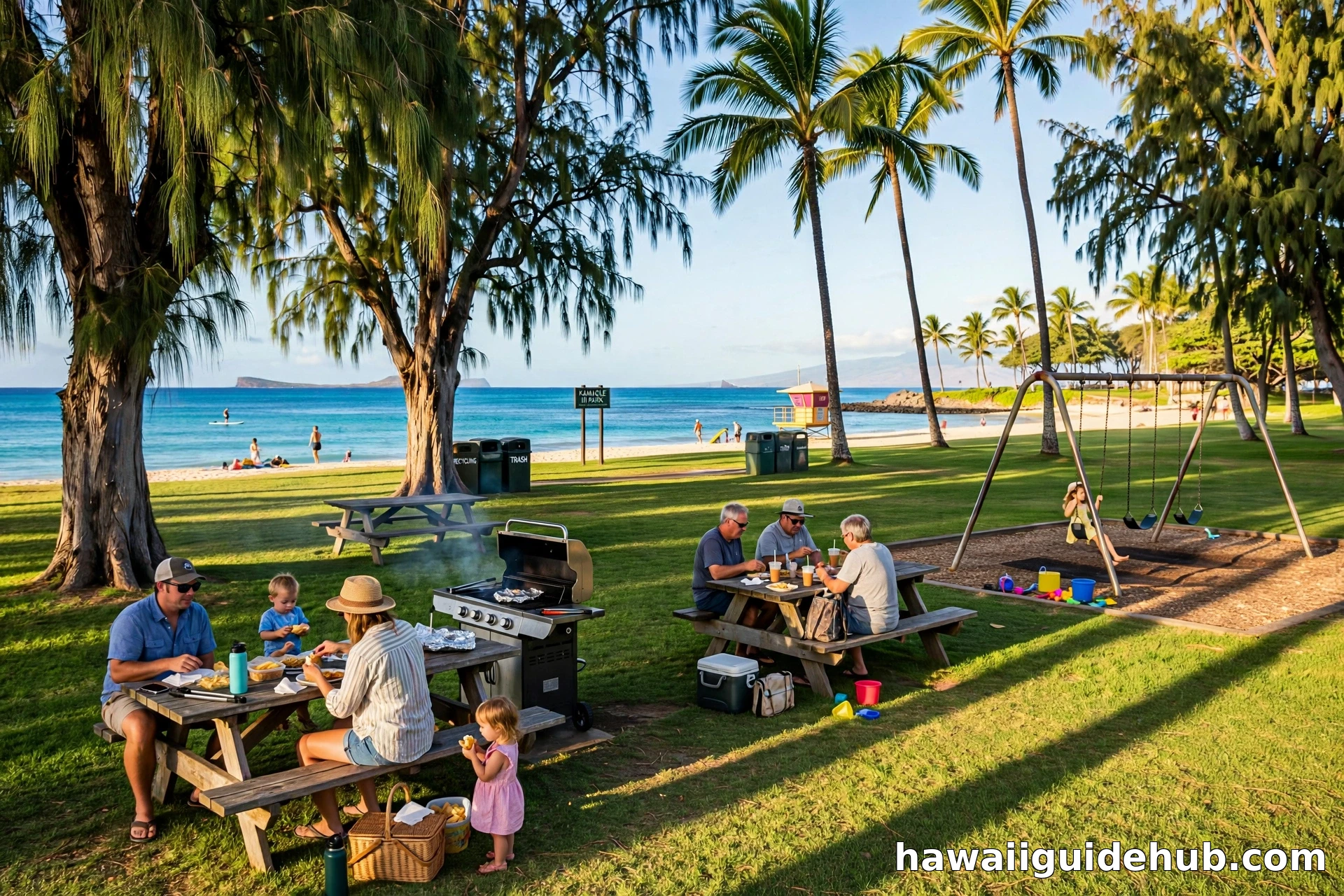 Families picnicking under palm trees with BBQ grills and a playground swing set at Kamaole Beach Park III in Kihei, Maui