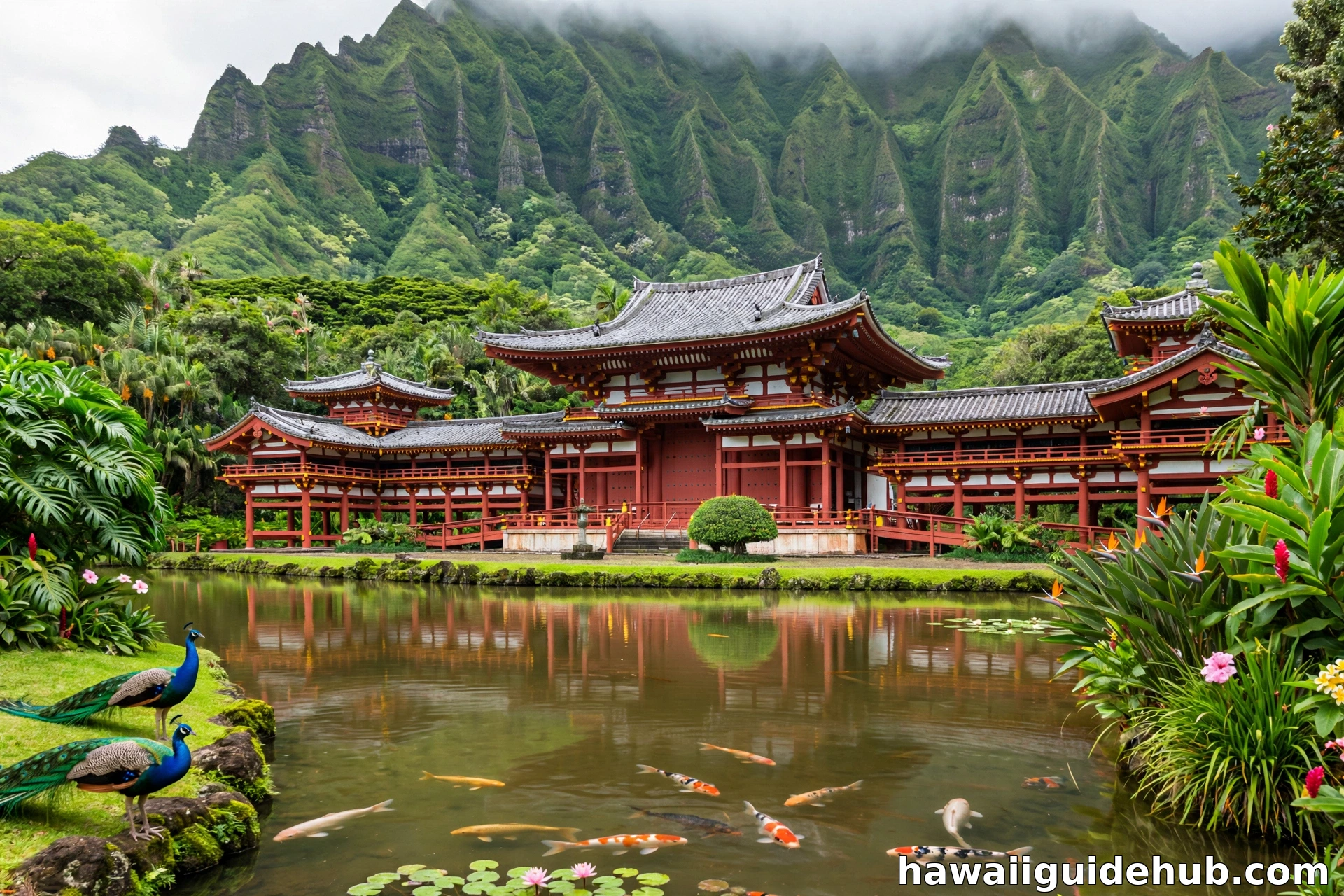 The red Byodo-In Temple reflected in its koi pond with peacocks nearby and Koolau mountains behind
