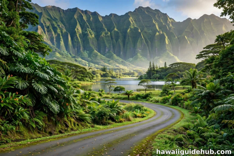 Scenic road through Ho'omaluhia Botanical Garden curving toward a lake with the steep green Koolau mountain cliffs rising behind