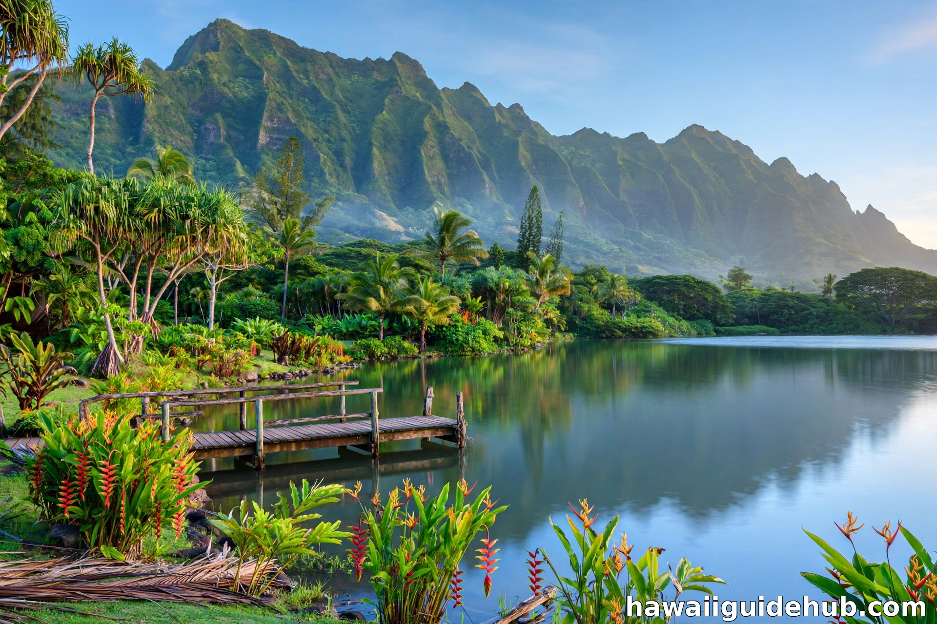 Calm lake at Ho'omaluhia Botanical Garden with a wooden pier and the Koolau mountain cliffs rising behind