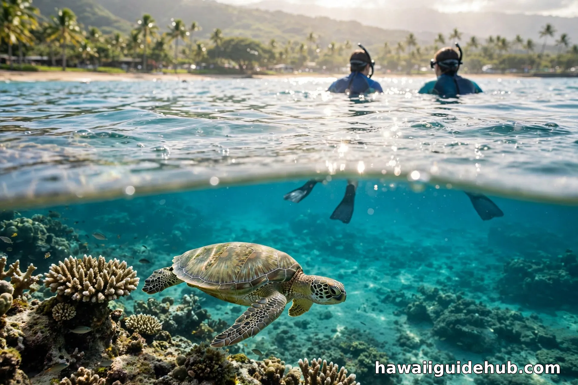 Snorkelers and a green sea turtle over the coral reef at Kapalua Bay, Maui