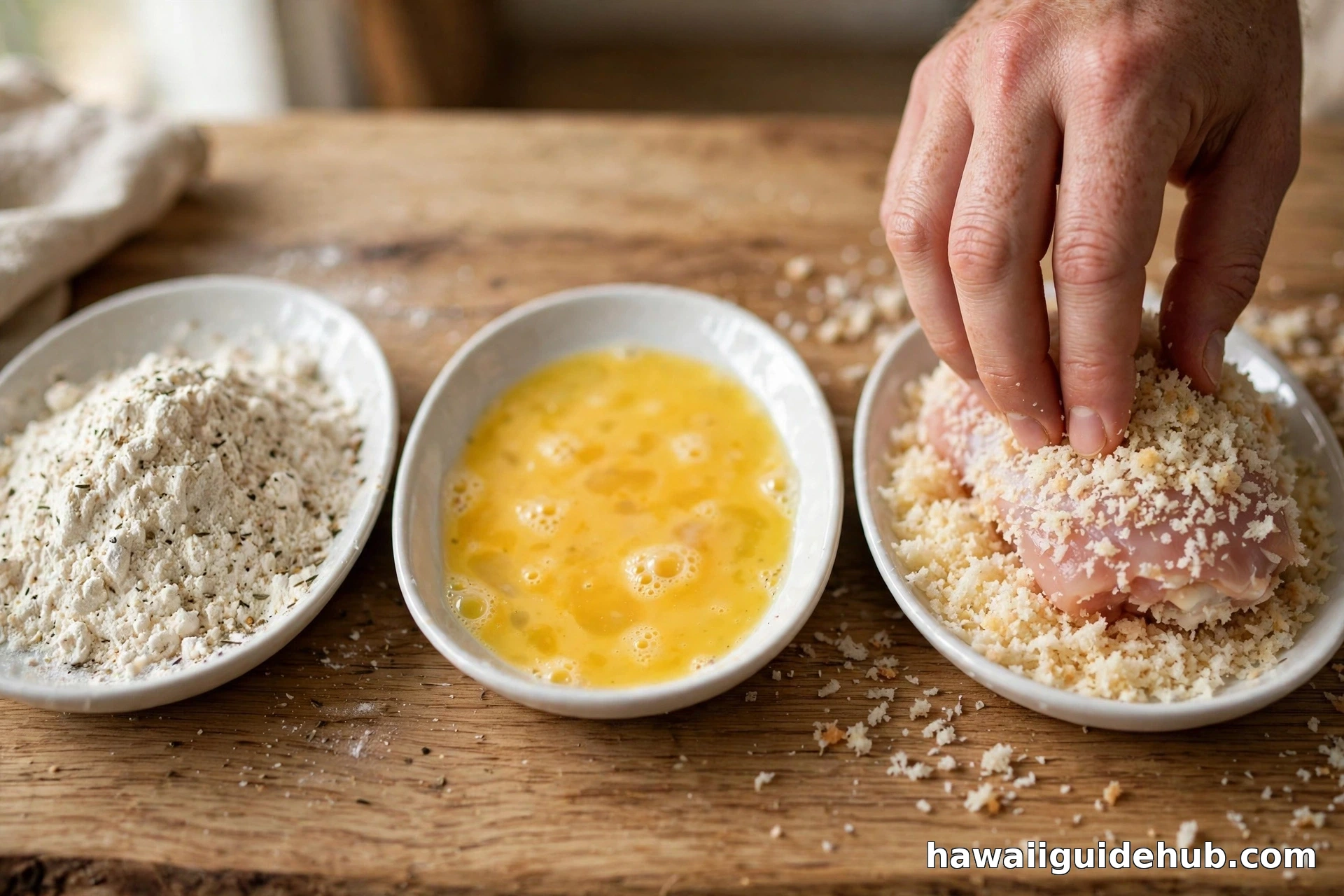 Chicken katsu breading station with flour, beaten egg, and panko breadcrumbs