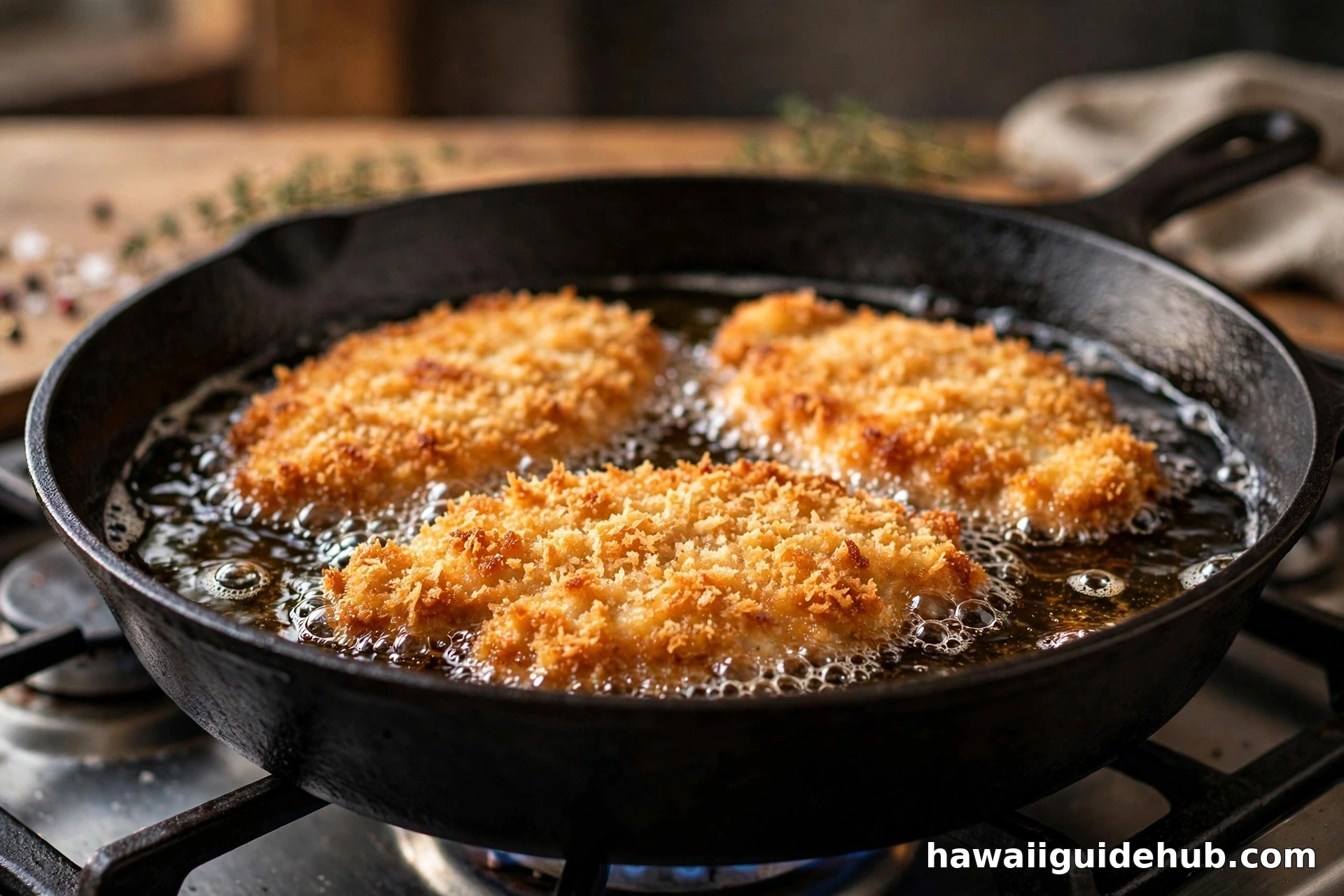 Golden panko chicken cutlets frying in a cast iron skillet
