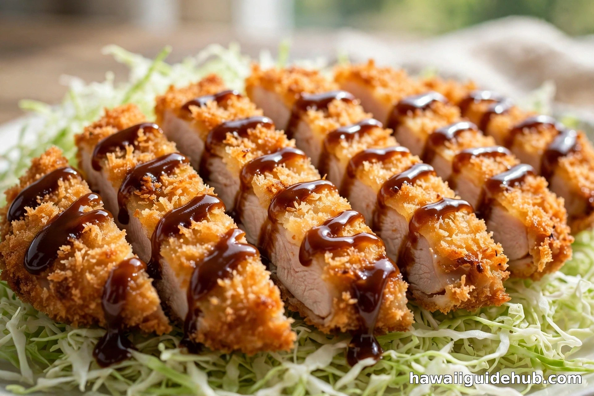 Sliced crispy chicken katsu with katsu sauce on shredded cabbage