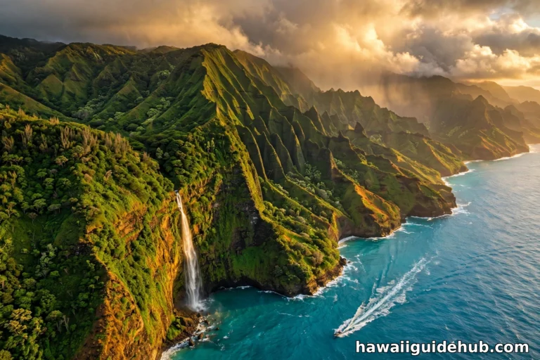 Aerial view of Kauai's Napali Coast cliffs and turquoise ocean at golden hour