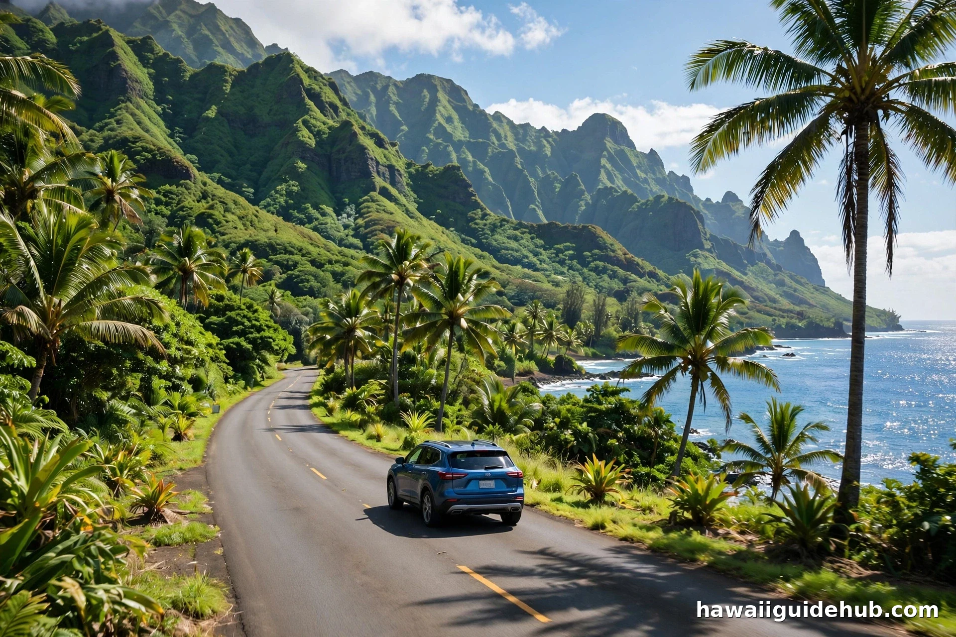 Car driving on a scenic Kauai highway with lush green mountains on one side and the ocean on the other