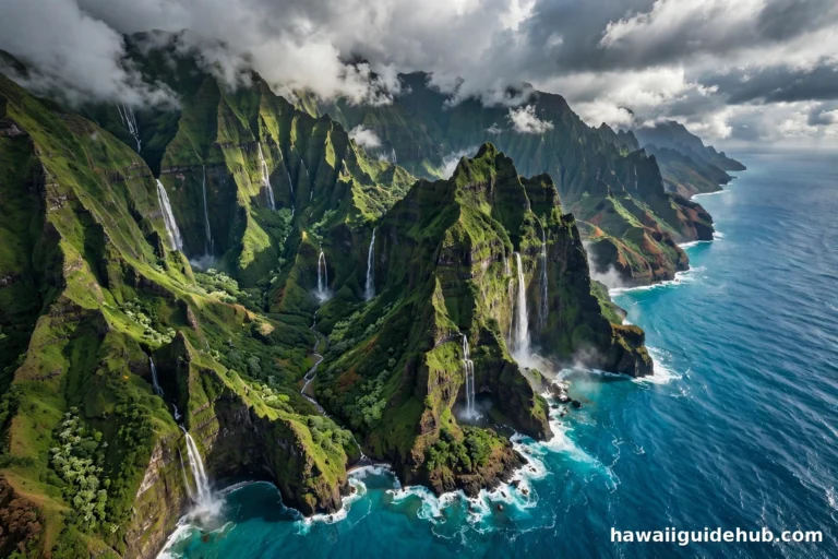 Aerial view of Kauai's Na Pali Coast with emerald cliffs, waterfalls and turquoise ocean